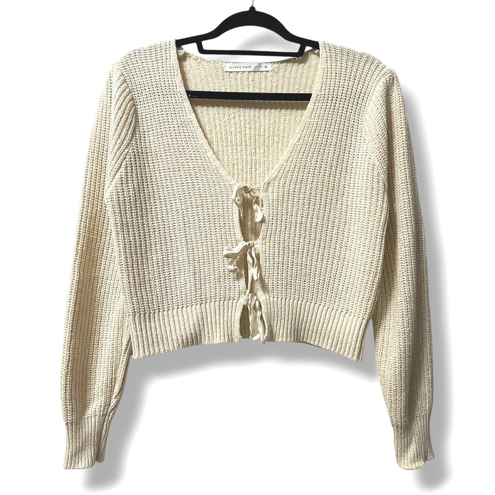 Altar'd State Tie Front Cropped Cardigan Sweater Top Long Sleeve Cream M